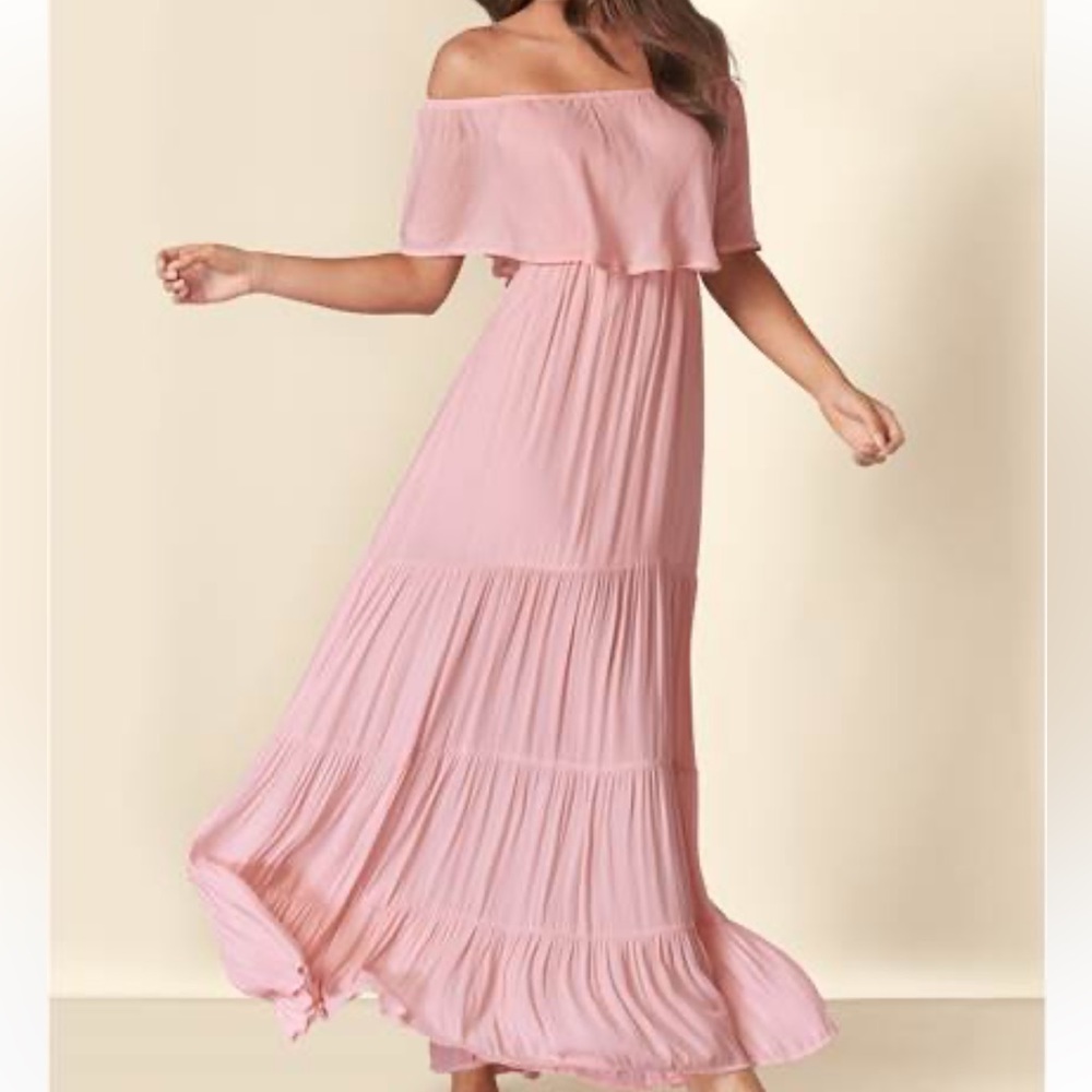 Tiered Off Shoulder Pink Maxi Dress